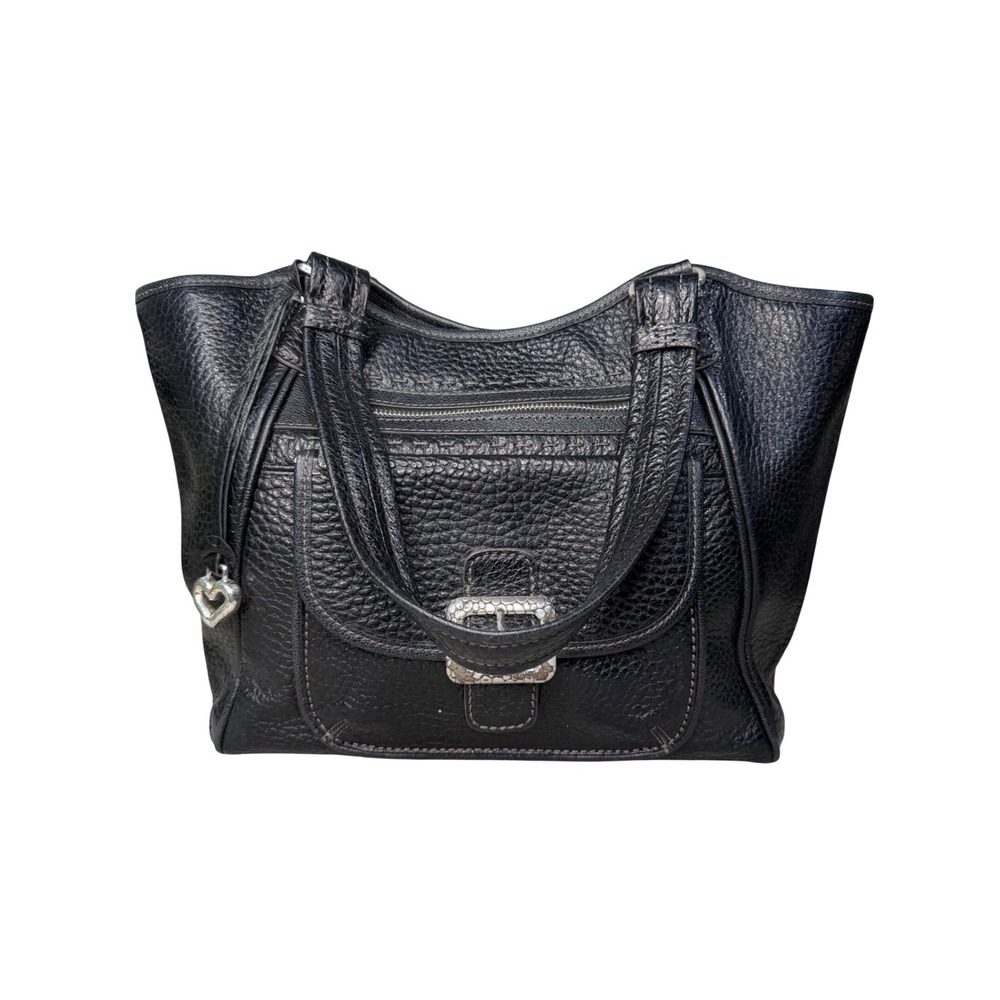 Brighton Black Pebbled Leather Shoulder Bag Heart Charm Buckle Tote Pocket Large